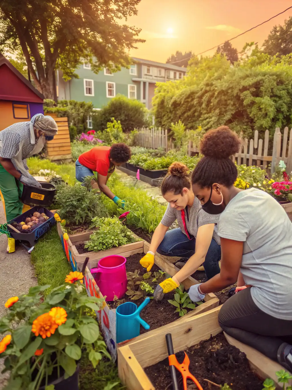 A photograph of volunteers planting flowers in a community garden in Burgundy, showcasing the hands-on aspect of APJB's community engagement program.