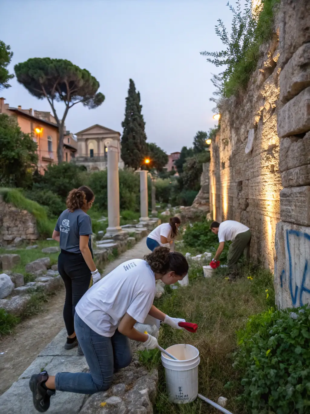 A photograph showcasing volunteers working on the restoration of a historic fountain in a Burgundy garden, surrounded by lush greenery and under a sunny sky.