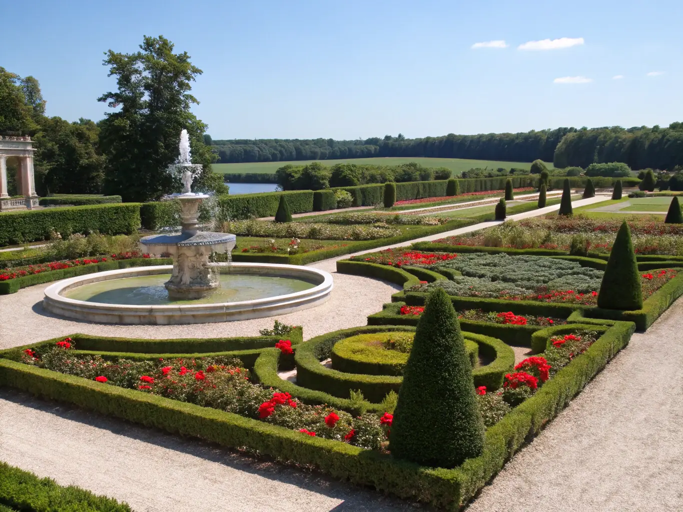 A beautifully restored fountain in a historic Burgundy garden, surrounded by vibrant flowers and lush greenery, showcasing the successful restoration efforts of APJB.