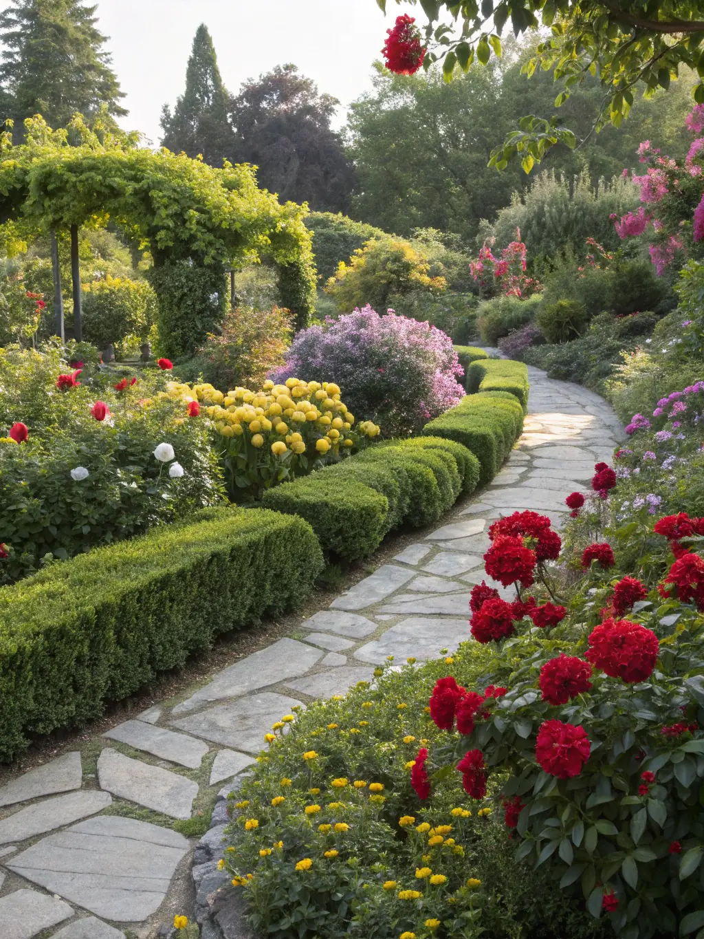 A photograph of a meticulously maintained rose garden in a historic park, showcasing the beauty and diversity of rose varieties.