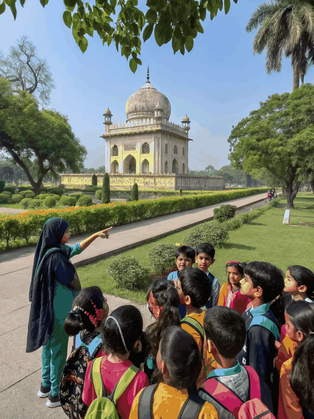 A picture of a group of students on a guided tour of a historic garden, led by an APJB educator, highlighting the educational aspect of the program.