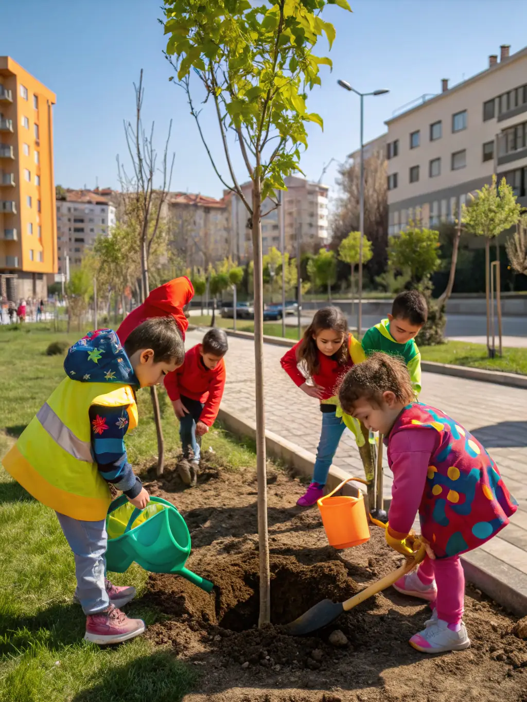 A photograph of a group of children participating in a gardening workshop at a local park, learning about plant life and sustainable gardening practices.