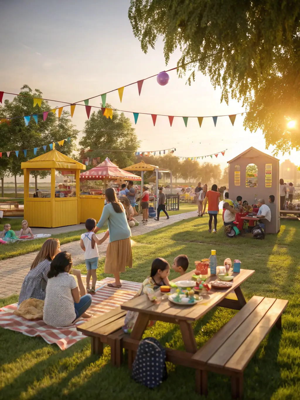 A photograph of a community event held in a park, featuring live music, food stalls, and families enjoying the outdoor space.